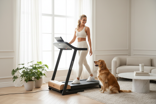 Femme blonde marchant sur le tapis roulant Walker dans un salon chic avec son chien