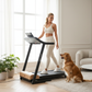 Femme blonde marchant sur le tapis roulant Walker dans un salon chic avec son chien