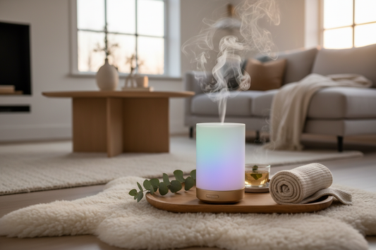 Diffuseur LED sur plateau en bois dans un salon scandinave cosy