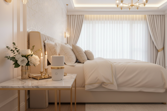 Diffuseur LED sur table de nuit en marbre dans une chambre luxueuse