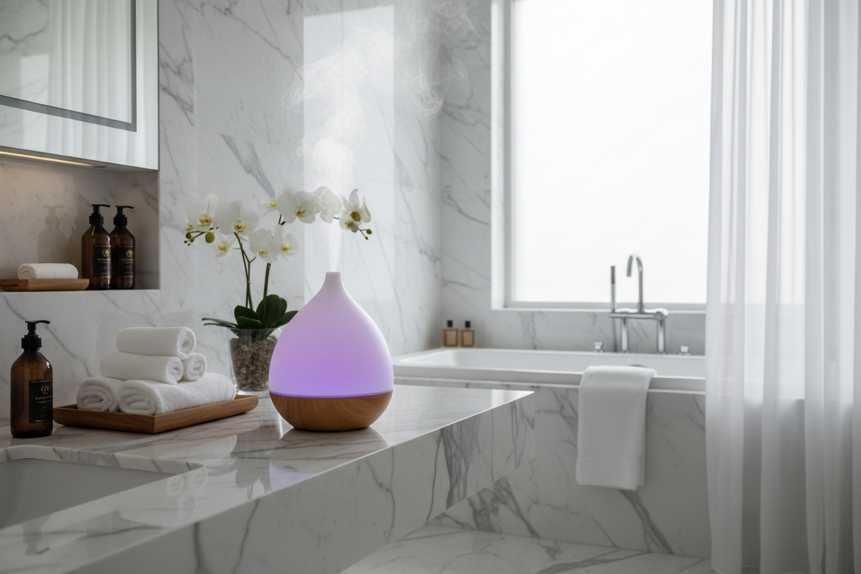 Diffuseur LED lumière violette dans une salle de bain style spa